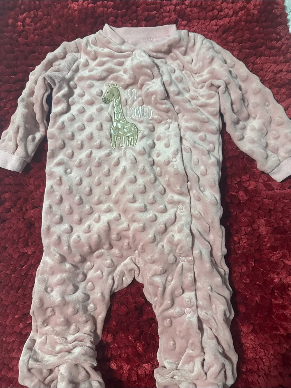 Plush Pink Baby Footed One-Piece with Giraffe Applique